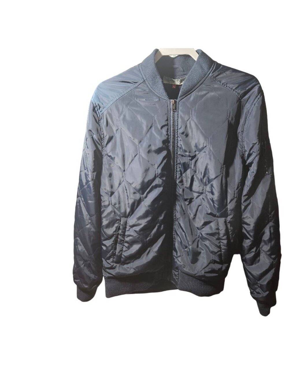 Sovereign Code Mens Quilted Bomber Jacket Large Navy Blue Zip Pocket Nylon & Pol